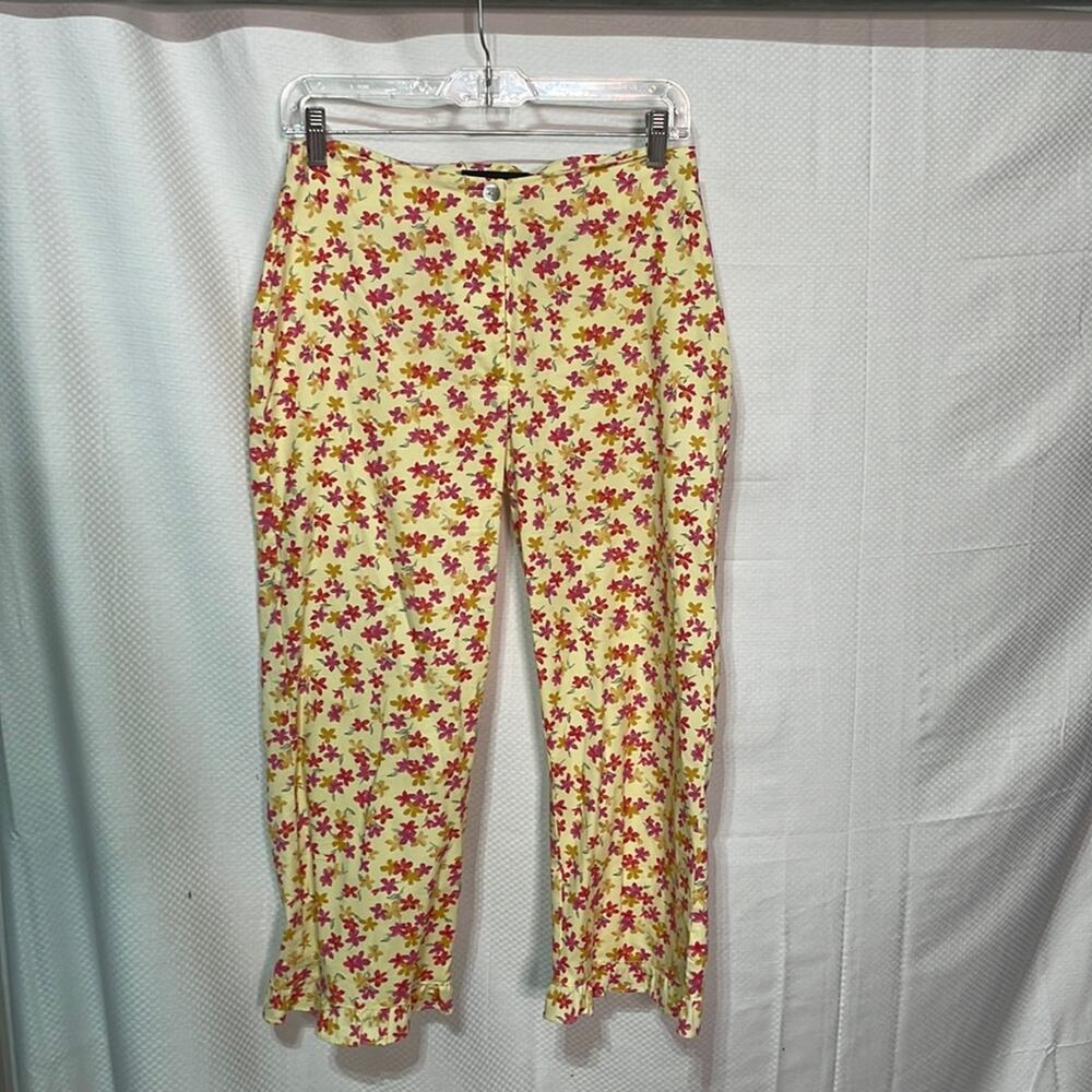Carol little 6 yellow floral capris flat front zip style ruffled cut up cuff euc